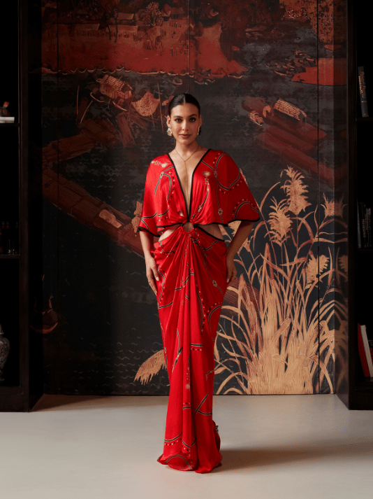 Red Cupro Satin Printed Maxi Gown with Waist Cut-Outs — Kamaali Pret