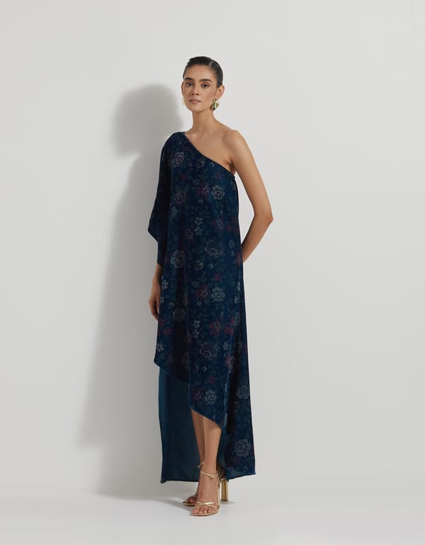 Teal One-Shoulder Velvet Floral Block Print Maxi Dress — Kavita Bhartia