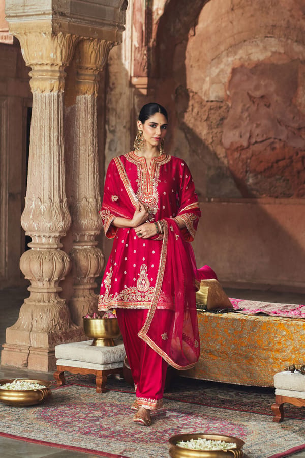 Hot Pink Embroidered Short Kurta Set with Salwar and Dupatta — Sheetal Batra