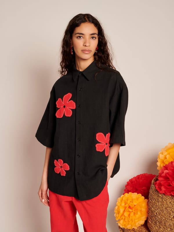 Black Boxy Shirt with Red Floral Applique — SISTER JANE