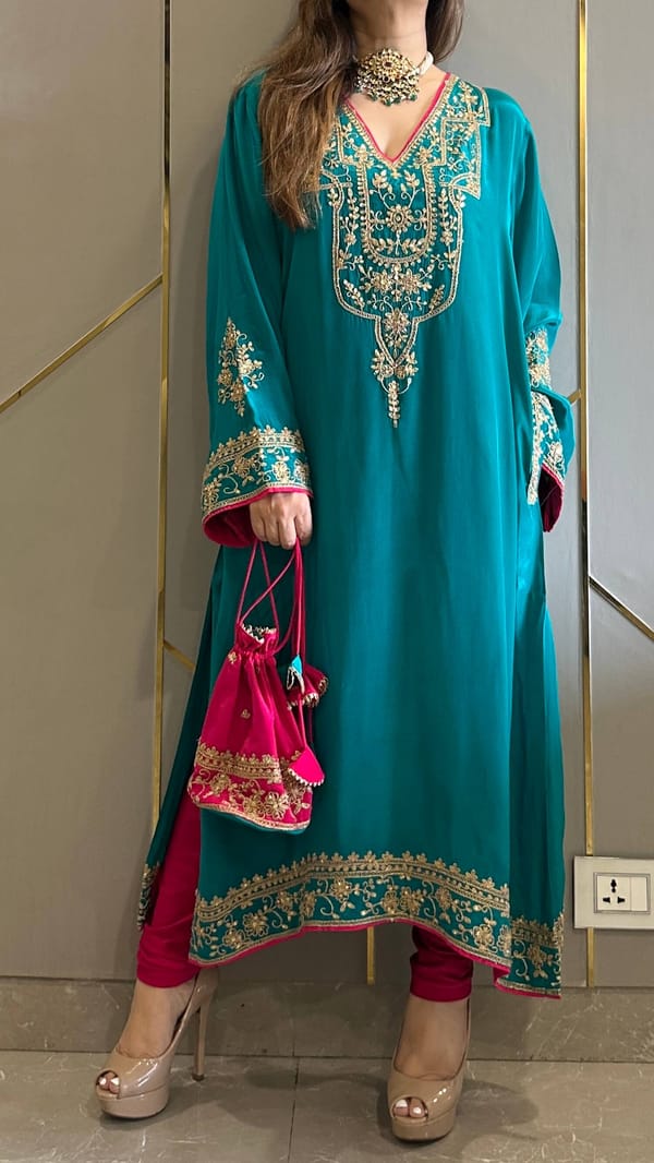 Fiza Jade Green Crepe Phiran With Churidaar And Potli — Kylee Fashions
