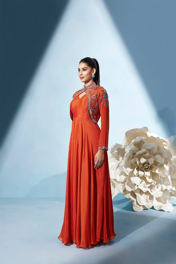 Vibrant Orange Chiffon Maxi Gown with Embroidered Jacket — QUNIC