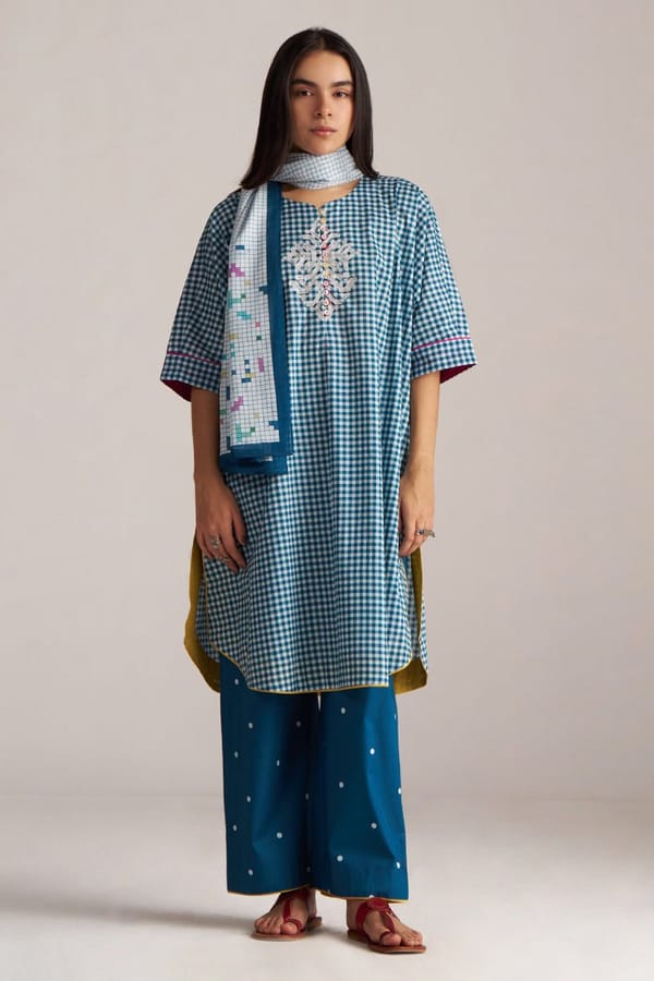 Blue and White Checked Co-ord Set with Stole — Ganga Fashions Pvt Ltd