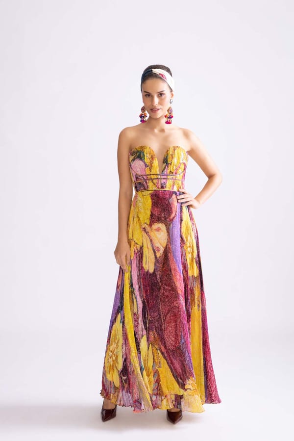 Yellow/Purple Daisy Print Strapless Corset Maxi Gown — Saaksha and Kinni