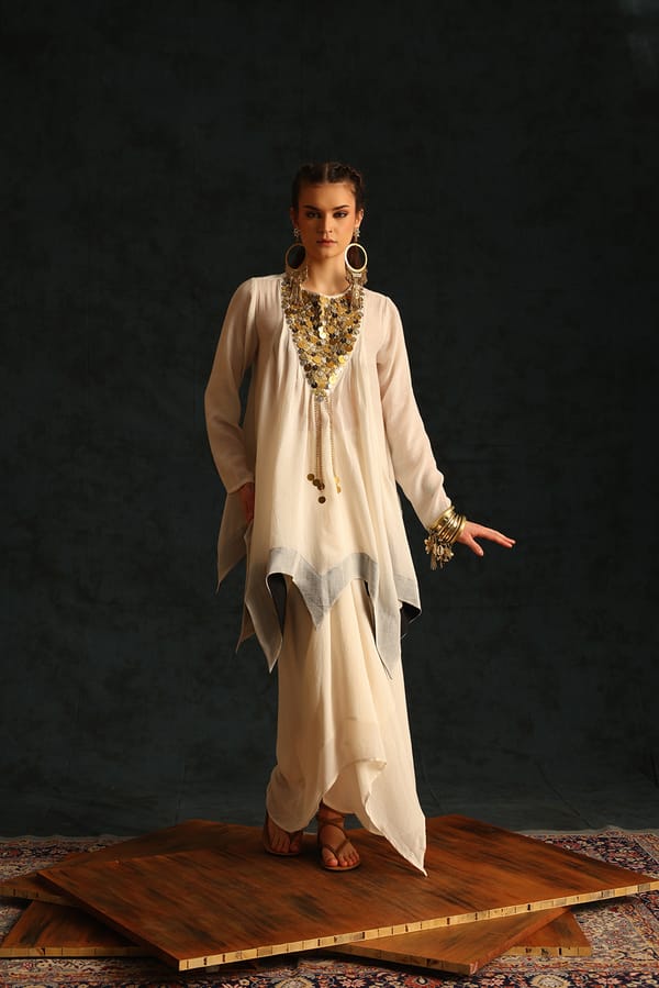 Off-White Coin-Embellished Co-ord Set with Draped Maxi Skirt — EnEch