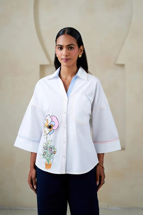 White Cotton Poplin Shirt with Floral Embroidered Patch — STITCH STORIES