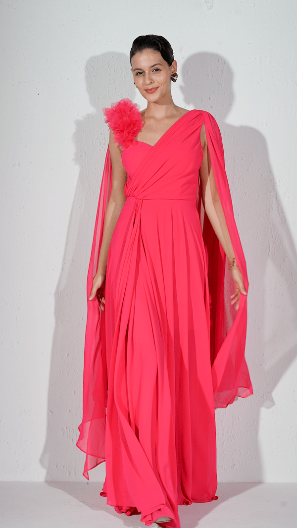 Fuchsia One-Shoulder Cape Maxi Gown — KAREN MILLEN