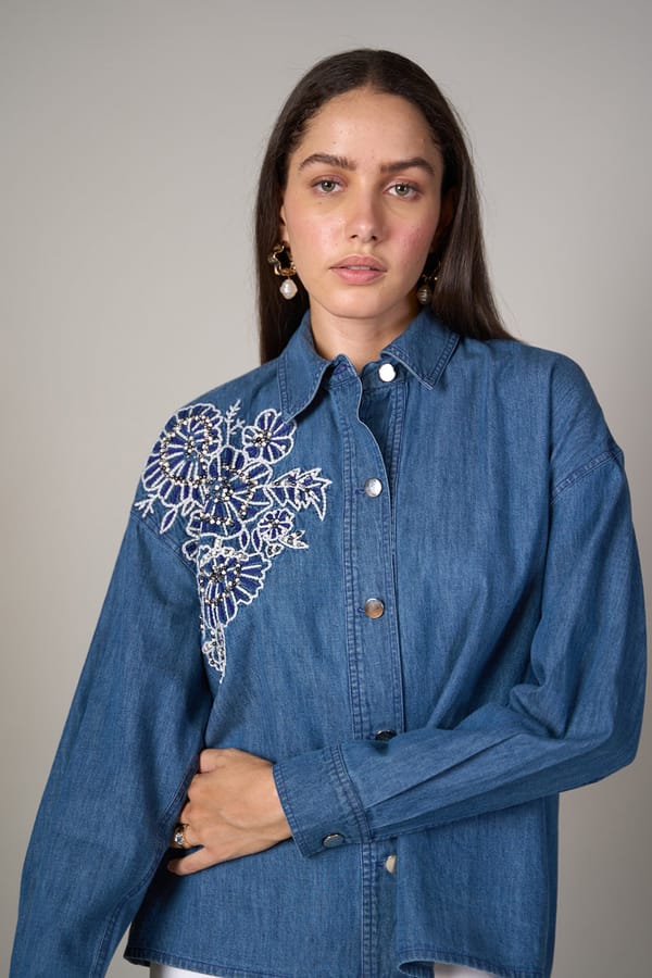 Blue Denim Shirt with Floral Embroidery — Style Island
