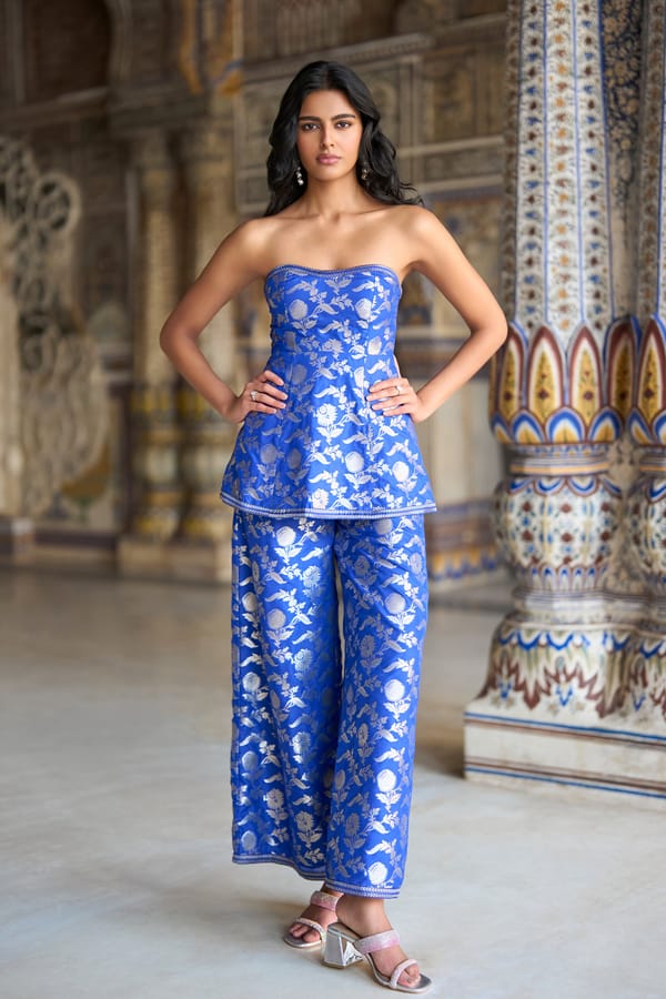 Benares Brocade Peplum Corset Top & Wide-Legged Pant Set — Dash and Dot