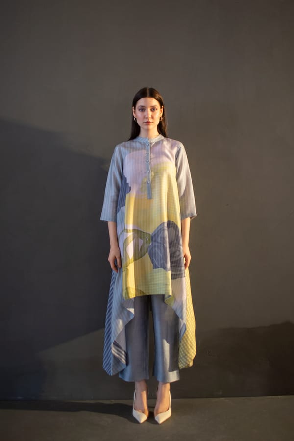 Grey & Yellow Long Kaftan Tail Set — CLOS