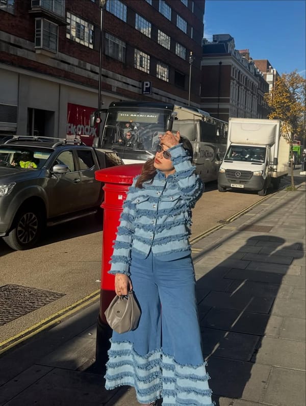 Blue Striped Fringed Denim Jacket with Mandarin Collar — Chöjé