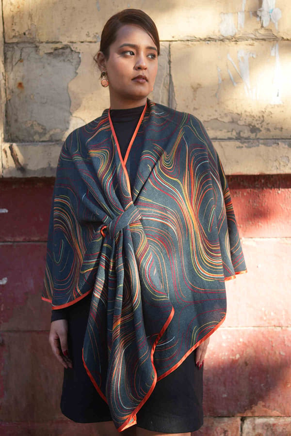 Mirage Merino Wool Abstract Printed Wrap Cape — YELL