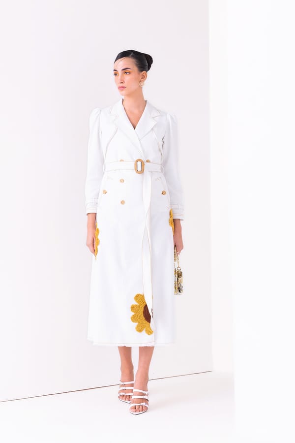White Denim Trench Midi Dress with 3D Floral Applique — Our Love