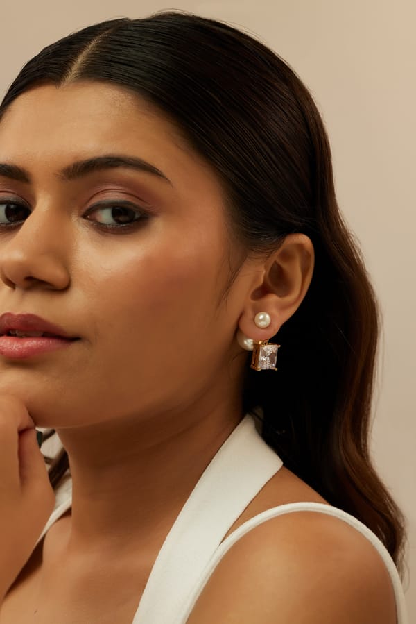 Dual Hanging Stone Pearl Studs — Amossh