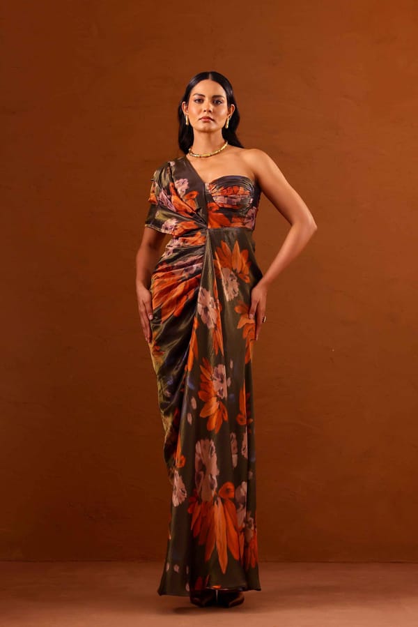 Multicolor One-Shoulder Floral Bustier Maxi Gown — STUDIO SURBHI