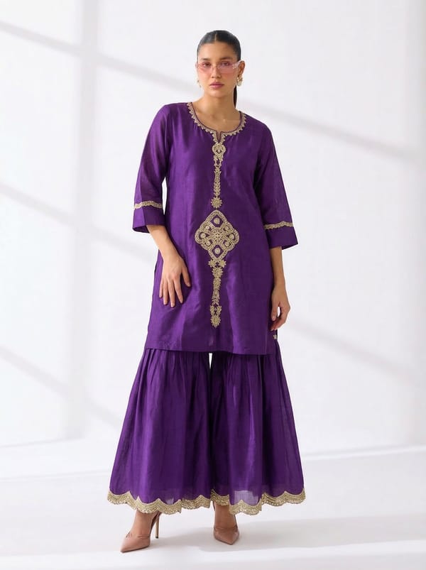 Purple Chanderi Embroidered Kurta Set — Gulabik