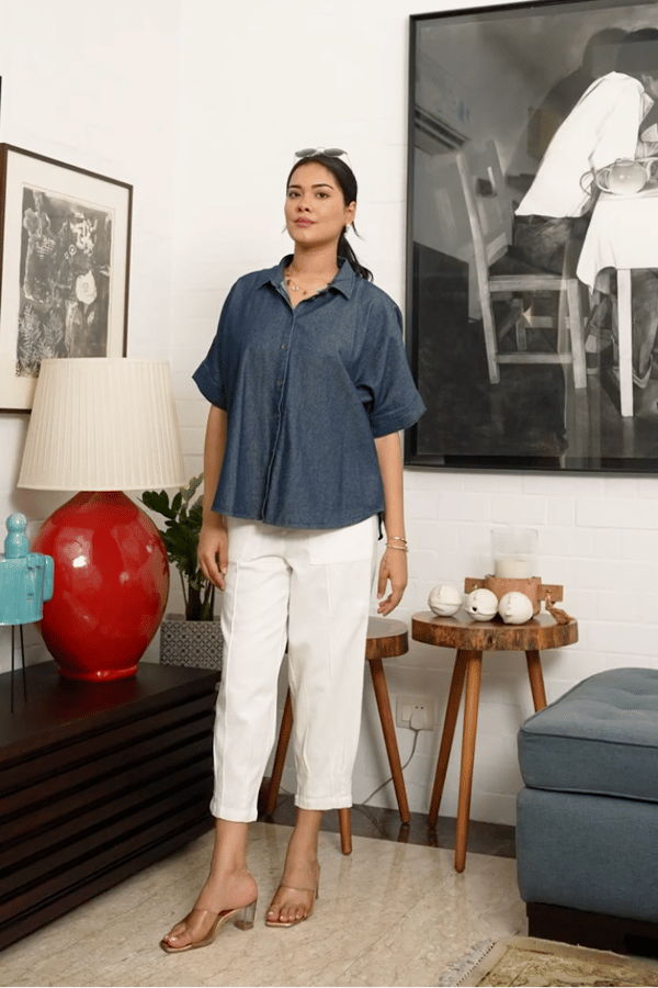 Dark Wash Denim Free Size Boxy Shirt with Button Front — Eko Clothing