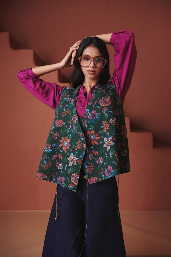 Green Floral Co-Linen Wrap Waistcoat with Tie-Up Front — Saphed