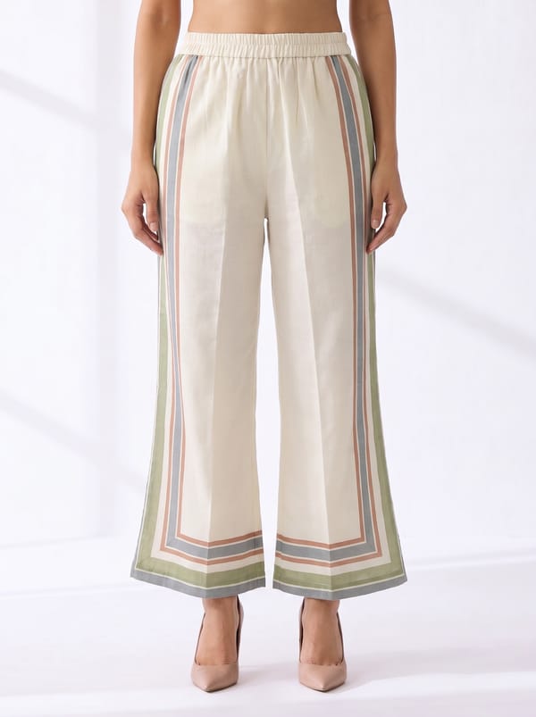 Off-White Linen Wide-Leg Trousers with Border Stripes — Kaveri