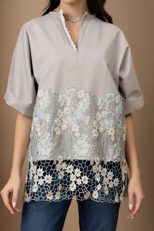 Ruth Bird Lace Gray Denim Shirt — Rhe-Ana