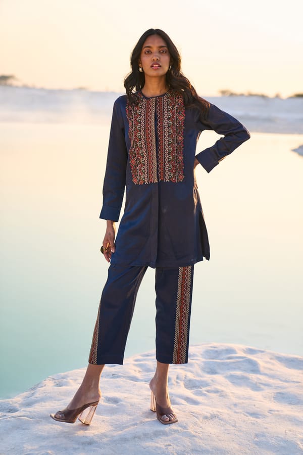 Navy Blue Geometric Embroidered Longline Tencel Satin Top — Dash and Dot