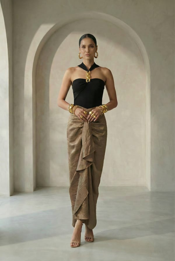 Metallic Gold Maxi Drape Skirt with Front Cascade — Missy Co.