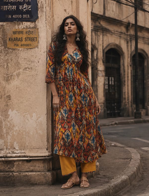 Multicolour Ikat Print Cotton Anarkali Kurta Set — Truebrowns