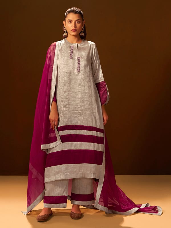 Regal Beige & Maroon Embroidered Silk Suit Set — Truly SMA