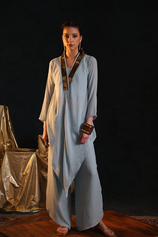 Light Blue Foil-Trim V-Neck Tunic and Pant Co-ord Set — EnEch