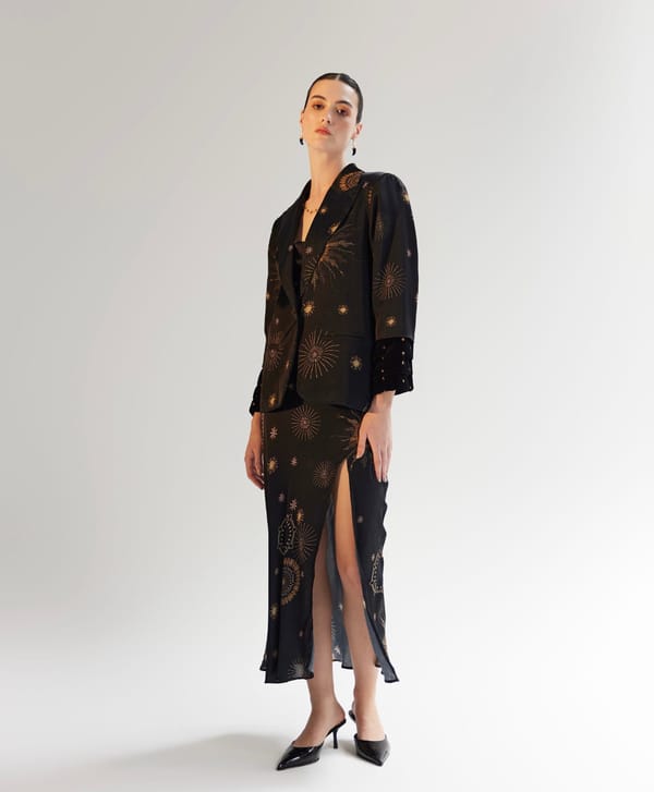 Black Satin Starburst Print Tailored Blazer — SHOP NOIB