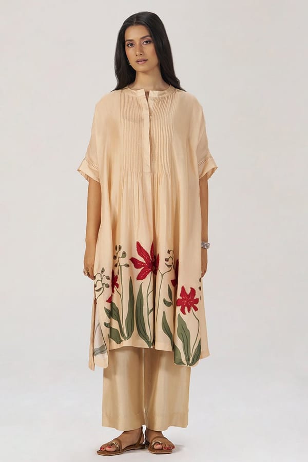 Beige Botanical Silk Festive Co-ord Set — Ganga Fashions Pvt Ltd