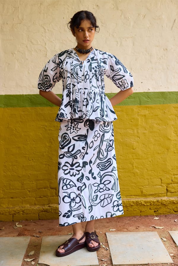 Black and White Printed Poplin Skirt Co-ord Set — HAPPI SPACE