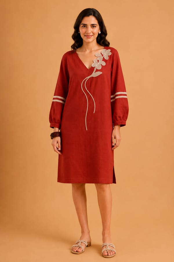 Brick Red V-Neck Shift Dress with Floral Appliqué — ANISETTE