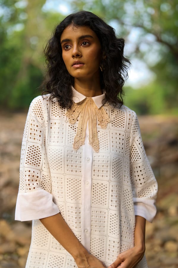 White A-Line Crochet Lace Midi Shirt Dress with Slip — Dash and Dot