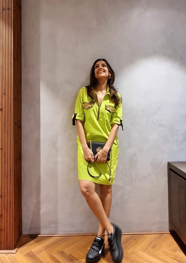 Neon Green One Piece Cotton Dress with Pockets — Richa Goenka