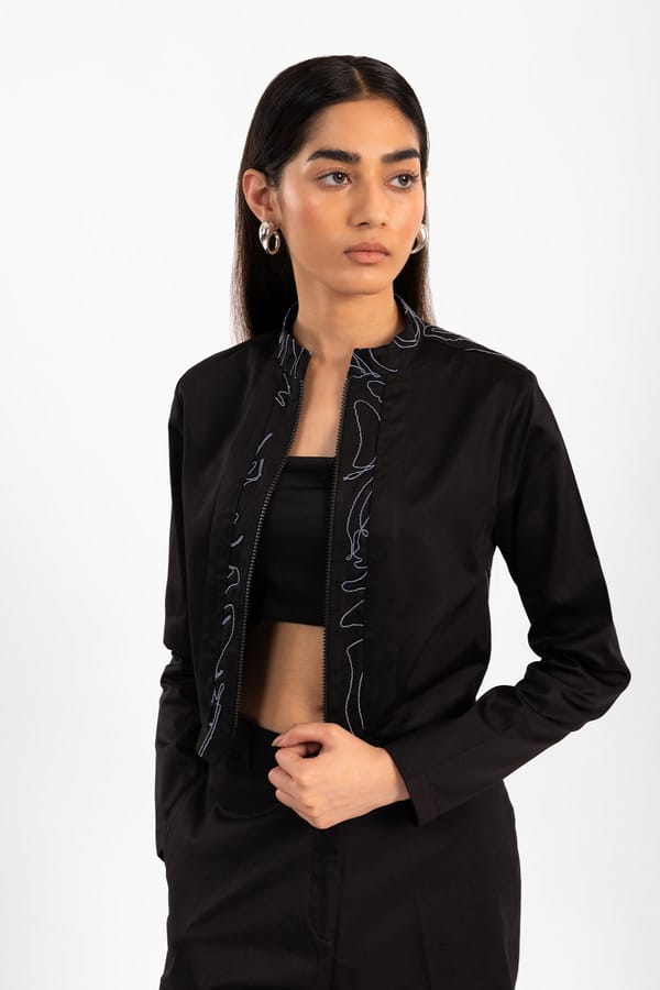Black Cropped Bomber Jacket with Tonal Embroidery — Contemponari