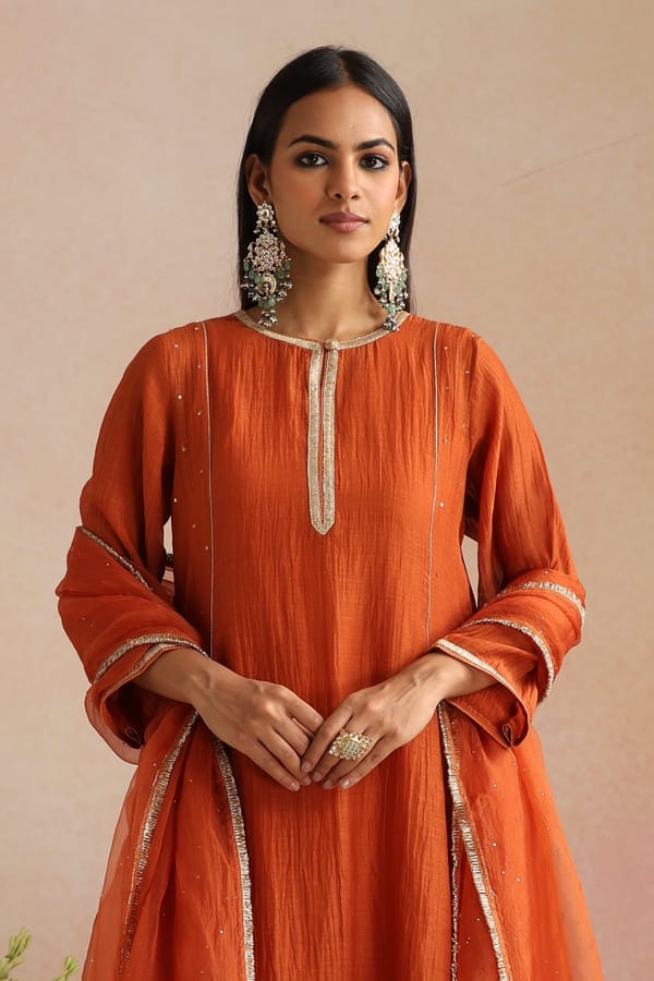 Burnt Orange Silk Chanderi Kurta Set with Gota Trim — Trendy Tokari