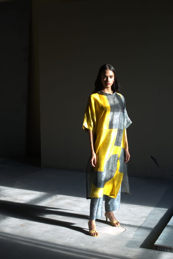 Dupion Silk Kurta Set Grey/Yellow — CLOS