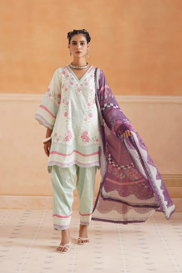 Mint Floral Printed Lawn Cotton 3-Piece Kurta Set — NEETIKA CHOPRA
