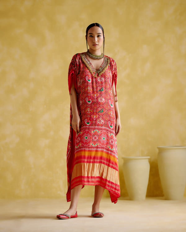 Red Patola Print Kaftan with Embellished V-Neck — 5 Elements