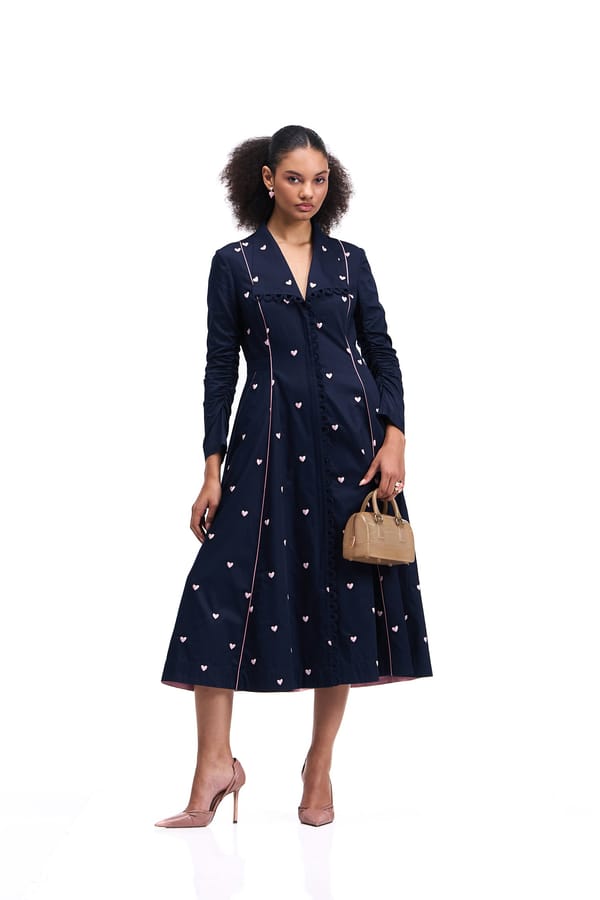 Navy Heart Print Fit and Flare Midi Dress — Our Love