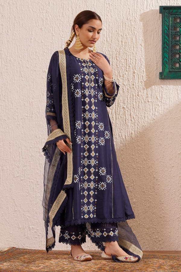 Block Printed Flared Kurta Set & Dupatta — Omi Clothing