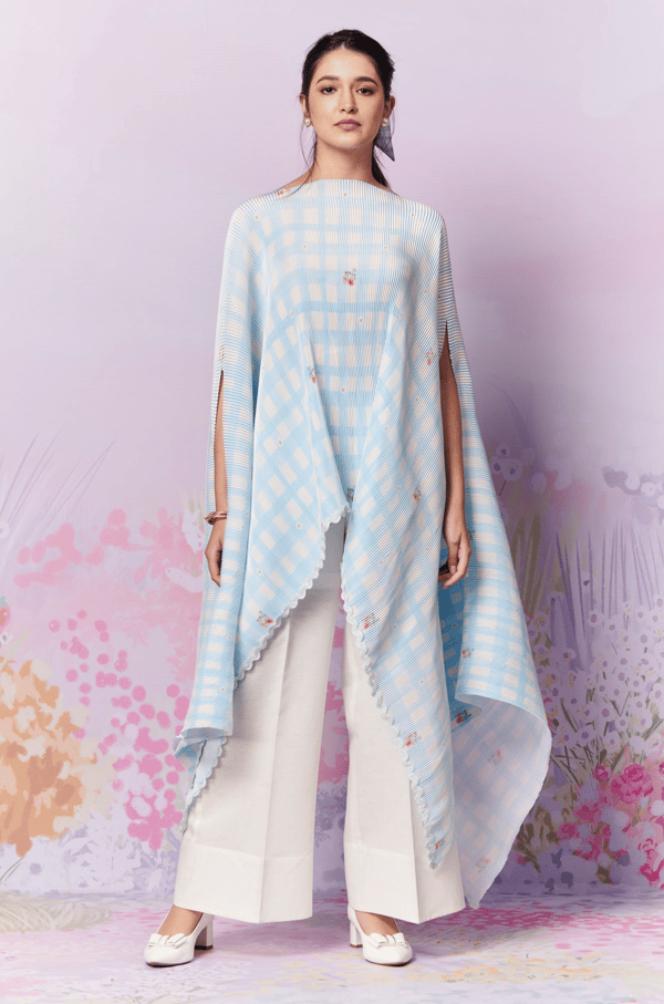 Blue/White Gingham Pleated Cape Overlay — Moh India