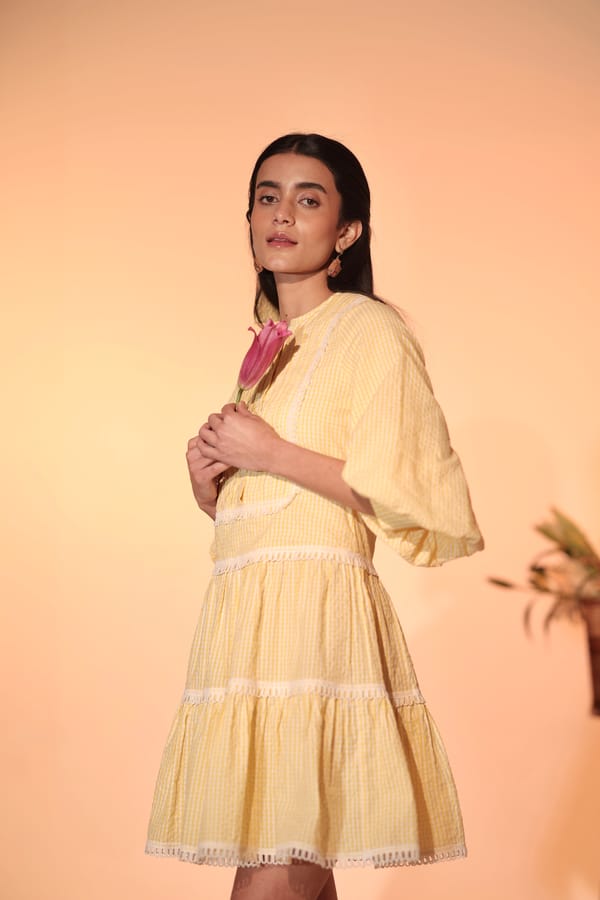Yellow and White Gingham Tiered Mini Dress — MANVI DAGA STUDIO