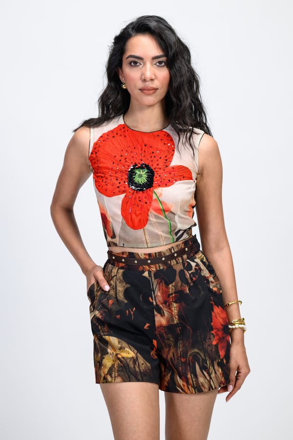 Beige and Red Georgette Bustier with 3D Floral Applique — The Dramebaaz Company