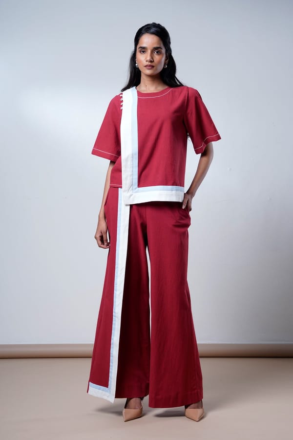 Wine Contrast Panel Top and Wide-Leg Pants Co-ord Set — Madder Much