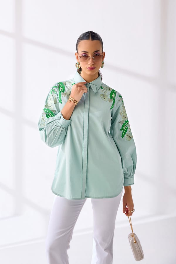 Sea Foam Cotton Twill Embroidered Relaxed-Fit Shirt — Our Love