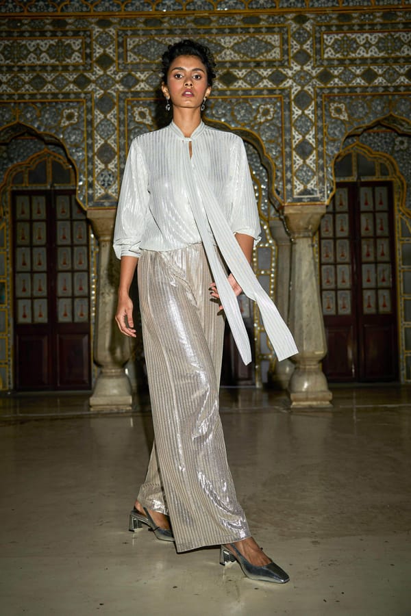 Rose Gold Textured Lamé Straight-Leg Trousers — Dash and Dot