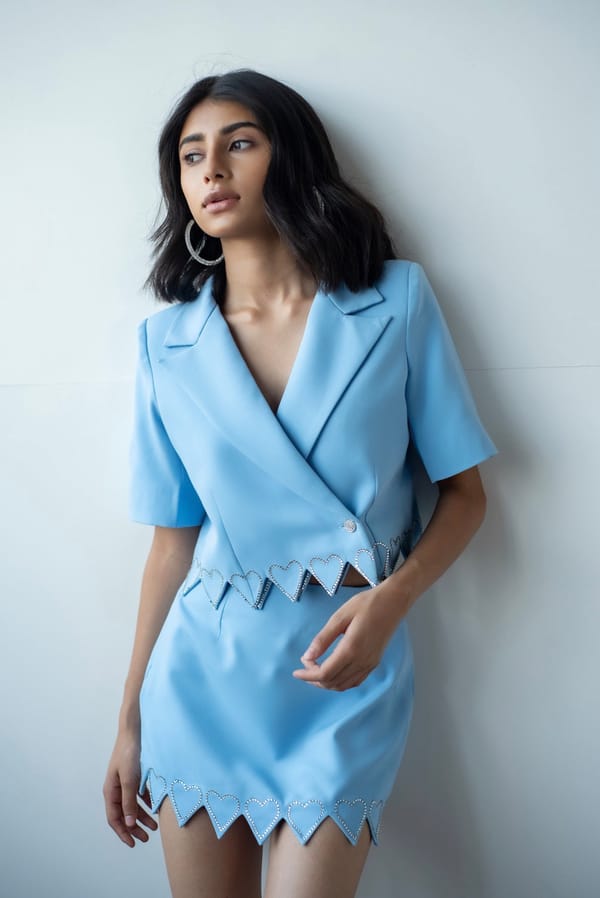 Baby Blue Cropped Blazer with Bejewelled Heart Hem — MAGIA