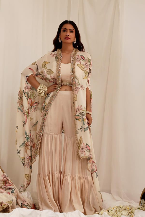 Pale Peach Floral Cape Co-ord Set with Tiered Gharara — Surkh Syahi